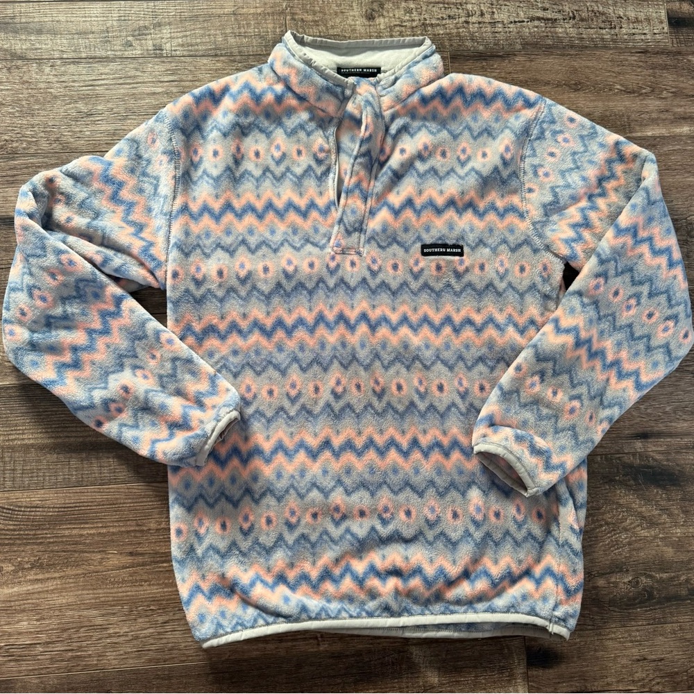 Southern Marsh Chevron Zip Up Sweater - Blue, Pink, Gray